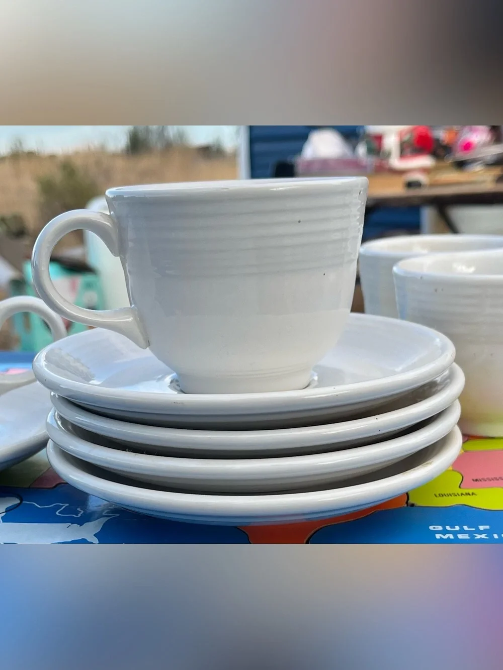 Fiesta-ware White Ceramic Cup and Saucer Set 5 Cups & Saucers Vintage